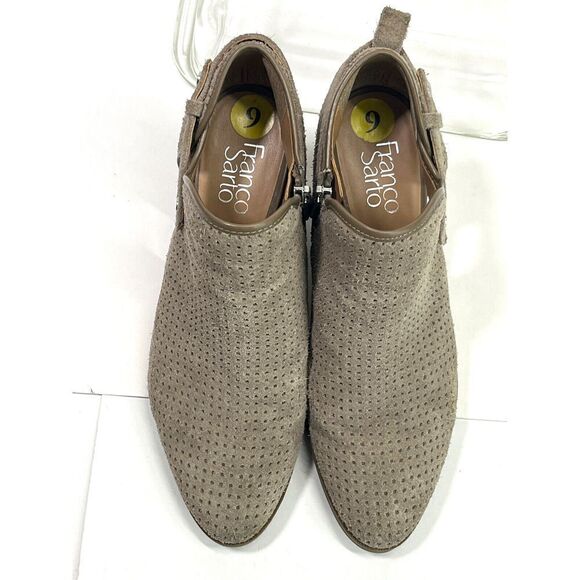 Franco Sarto Size 9 Taupe Suede Lazer Cut Ankle Booties Cut Out Block Heel - Picture 11 of 12